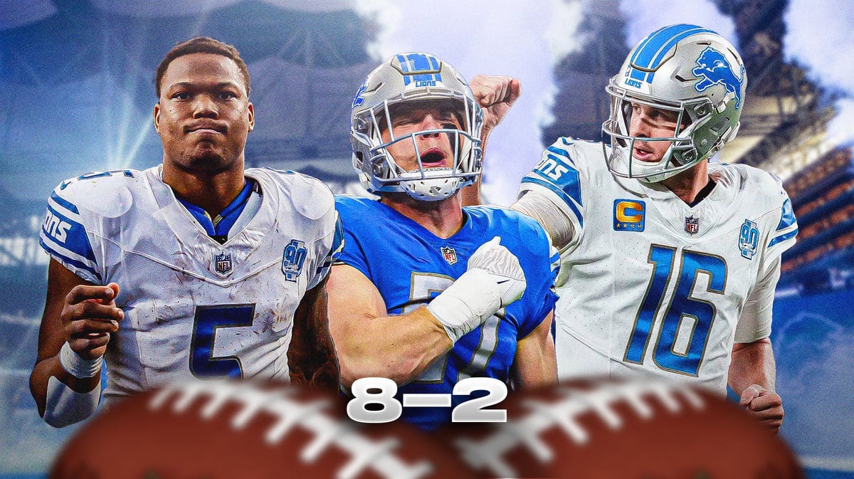 Detroit Lions' David Montgomery, Jared Goff, and Aidan Hutchinson and a text graphic that reads “8-2”
