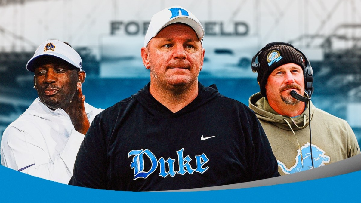 Lions Dan Campbell and Scottie Montgomery with former Duke football coach Mike Elko
