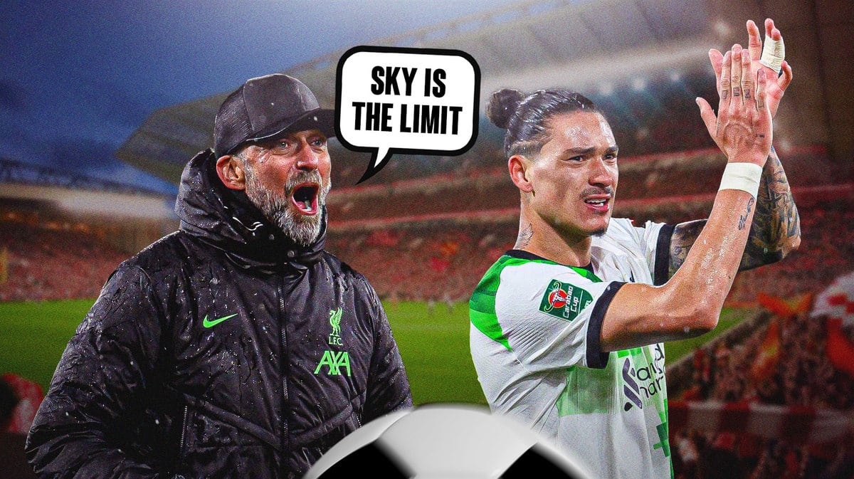 Jurgen Klopp in Liverpool gear saying “Sky is the limit”, Darwin Nunez beside him in action in Liverpool jersey, Anfield as the background