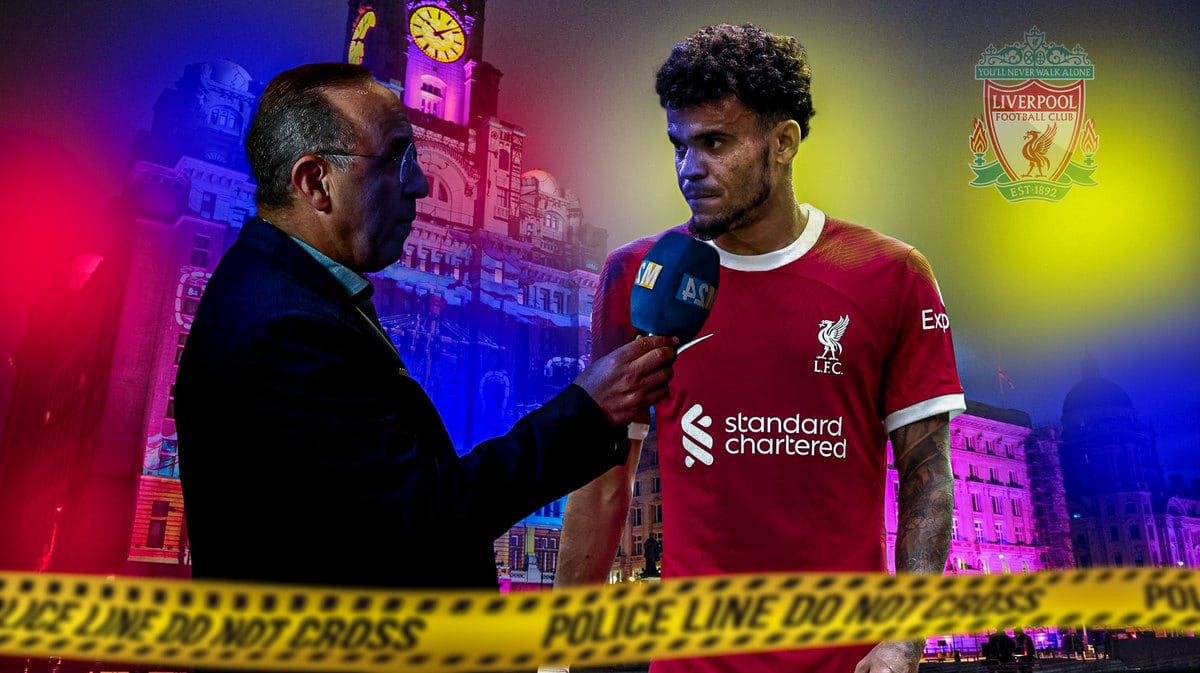 Luis Diaz speaking to the press, police lights around him, the Liverpool logo in the sky