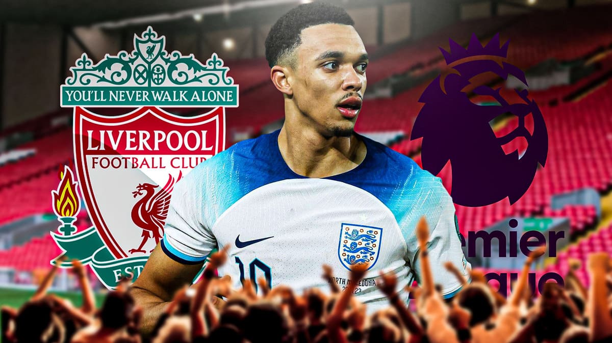 Trent Alexander-Arnold in front of the Liverpool and Premier League logos