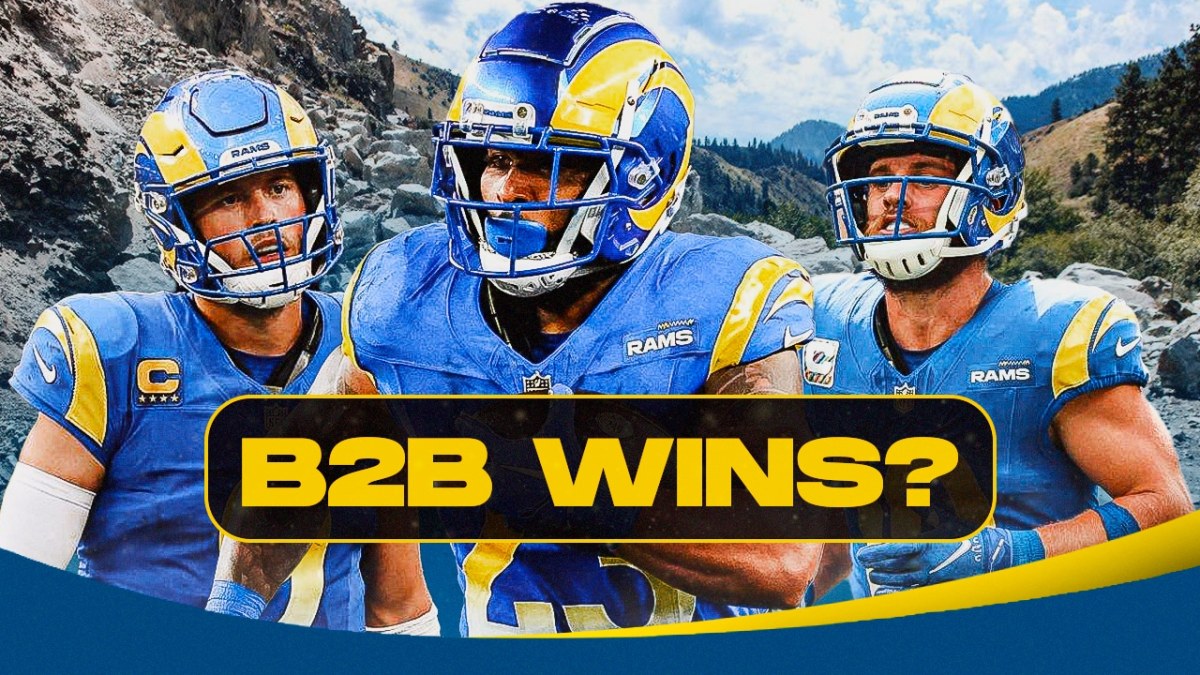 Matthew Stafford, Kyren Williams, Cooper Kupp all beside each other with a rockslide in the background.
