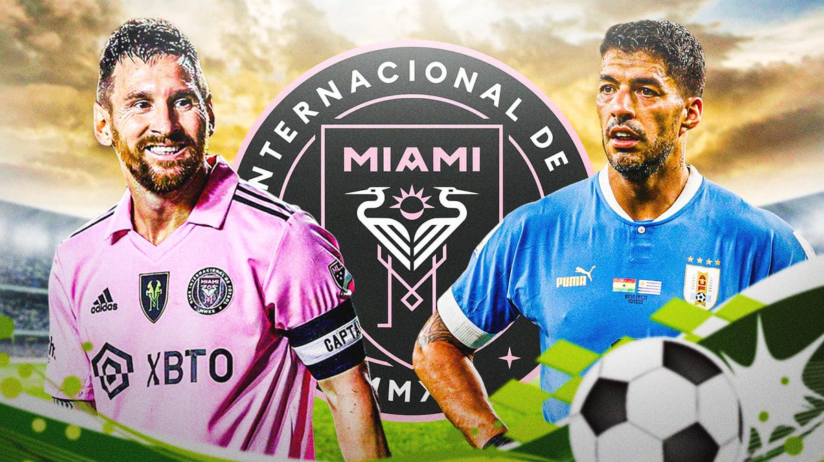 Lionel Messi and Luis Suarez together in front of the Inter Miami logo