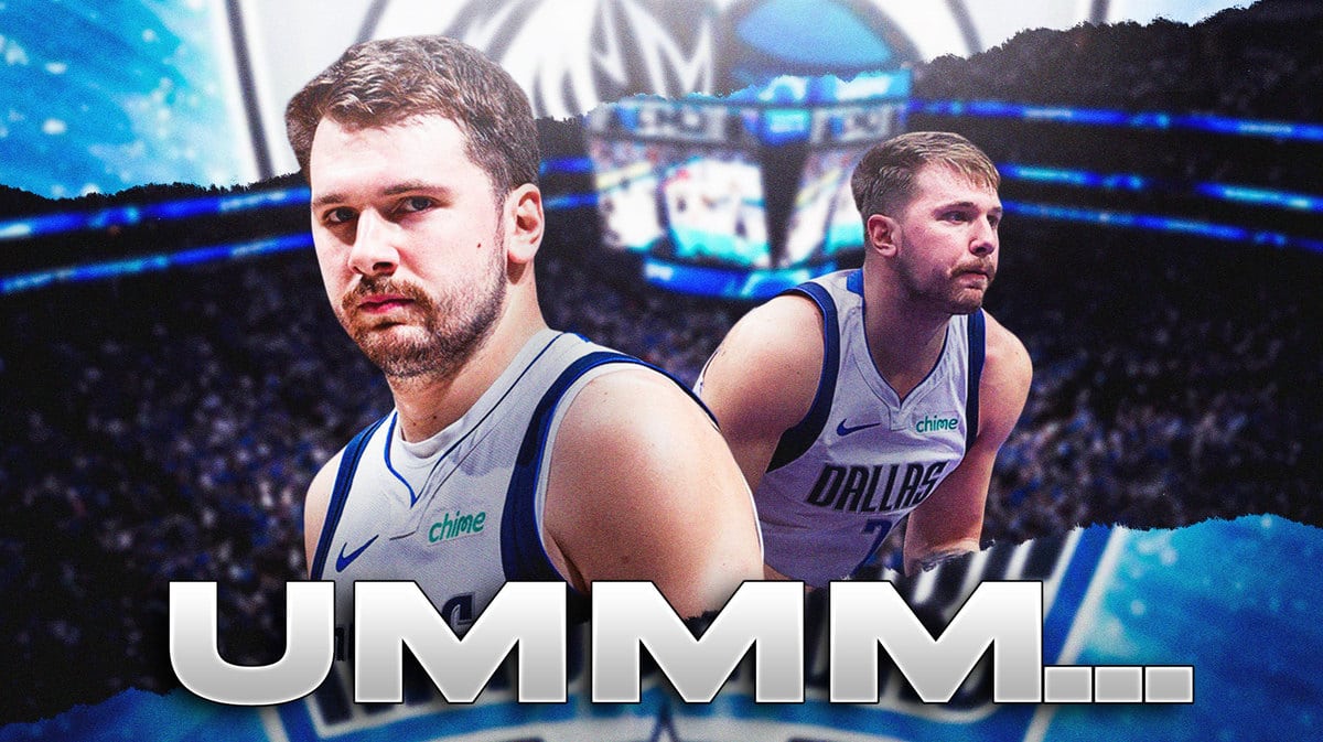 Luka Doncic in the middle with cloudy skies and the Dallas Mavericks logo in the background.