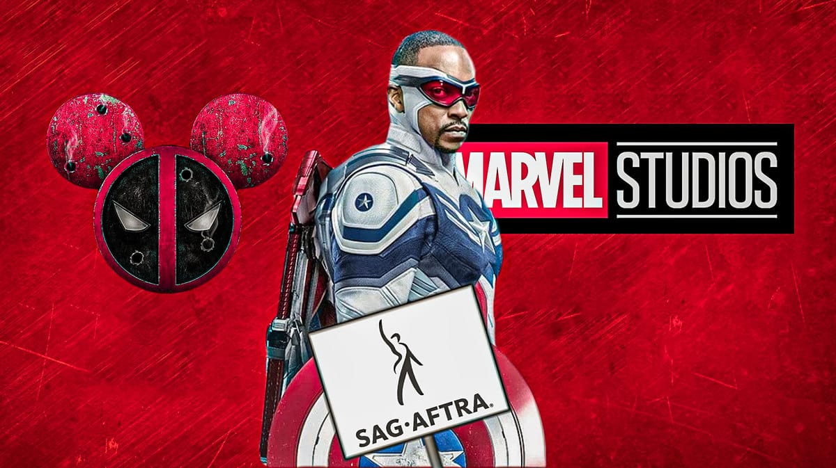 Deadpool 3 logo next to Anthony Mackie Captain America, SAG-AFTRA logo on white picket sign, and Marvel Studios (MCU) logo.