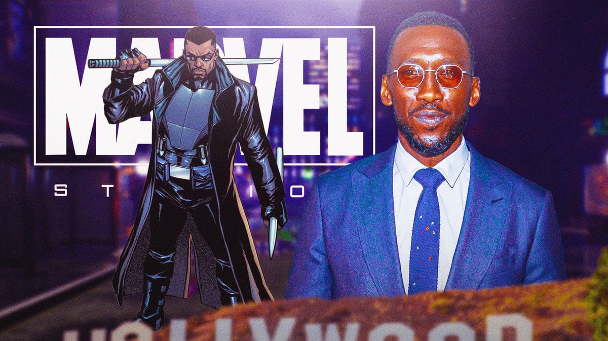 Marvel Studios (MCU) logo with Blade and Mahershala Ali in front of it.