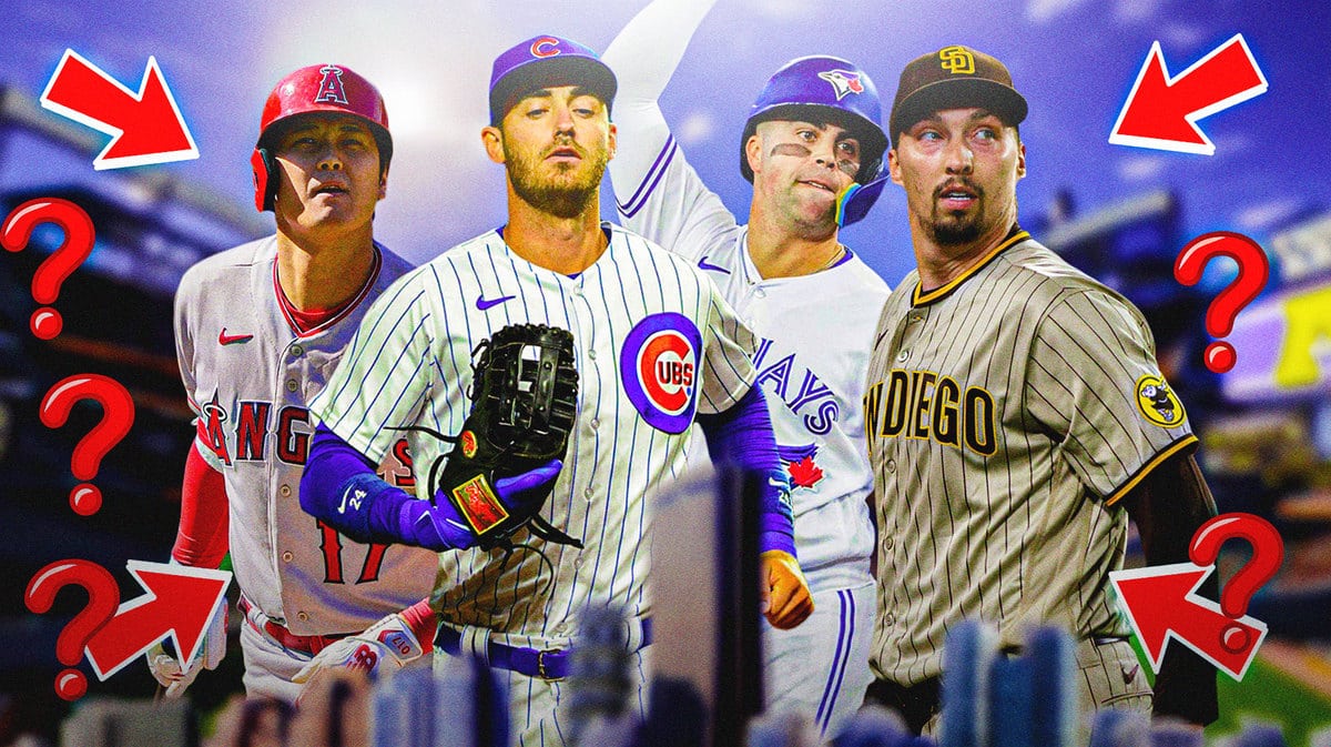 Shohei Ohtani, Cody Bellinger, Whit Merrifield, Blake Snell all together with question marks around them and arrors arround them pointing every which way.