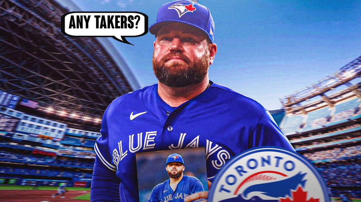 Thumb: Blue Jays manager John Scheineder holding a photo of Alex Manoah. Schneider saying, “Any takers?”