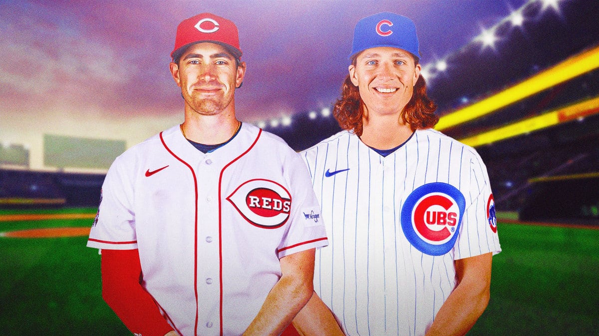Shane Bieber in a Reds jersey next to Tyler Glasnow in a Cubs jersey