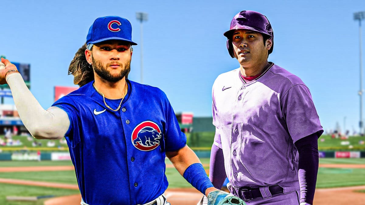 Bo Bichette in a Cubs jersey next to Shohei Ohtani in a blank jersey