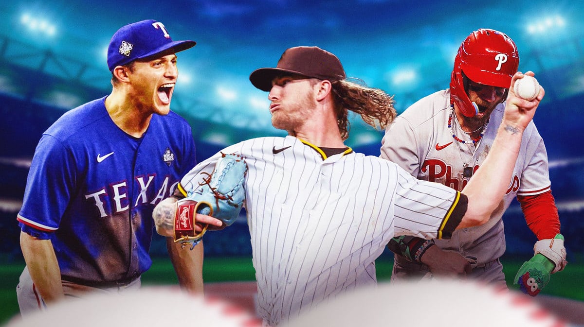 Josh Hader with a blank jersey in the middle, pitching, with Rangers' Corey Seager and Phillies' Bryce Harper hyped up to his sides