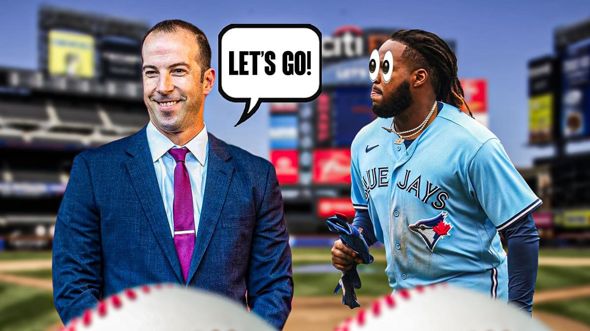 Billy Eppler on one side with a speech bubble that says “Let’s go!” and Vladimir Guerrero Jr. on the other side with the big eyes emoji over his face