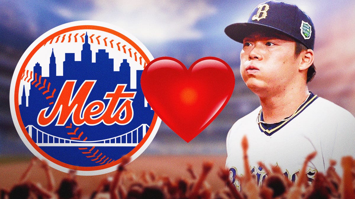 The New York Mets logo on one side and Japanese professional baseball player Yoshinobu Yamamoto on the other side with a heart emoji between the two with the background the Mets' baseball field