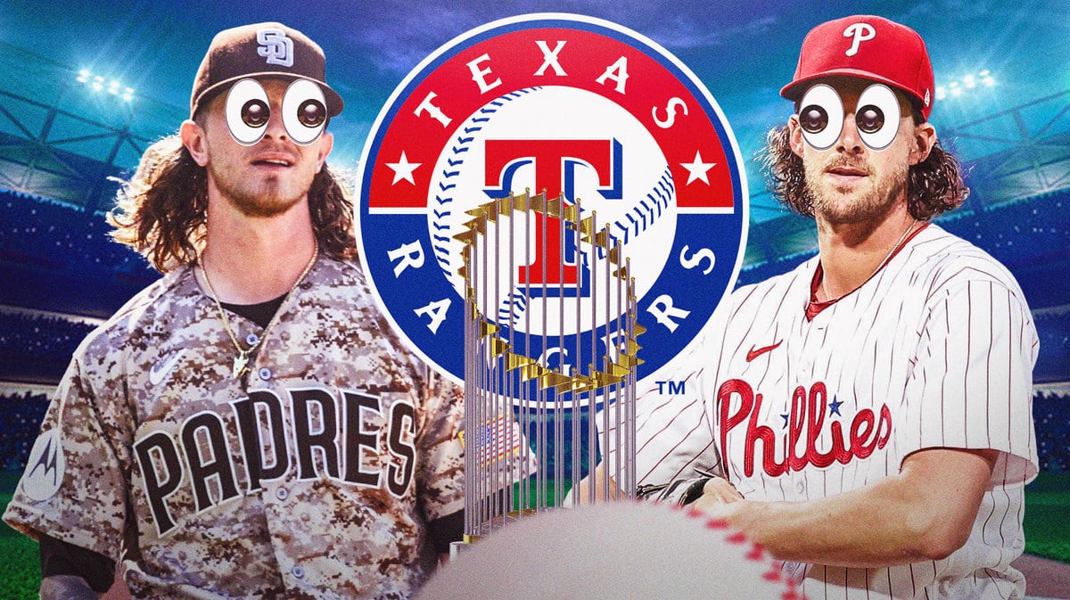 Philadelphia Phillies player Aaron Nola on one side of the image and San Diego Padres player Josh Hader on the other side of the image, both with the eyeball emojis in their eyes eyeing the Texas Rangers logo and the World Series trophy in the center of the image