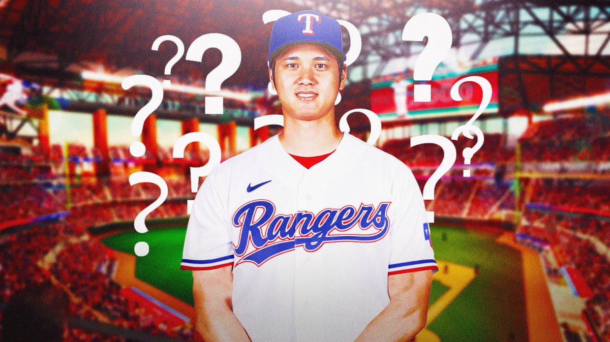 Shohei Ohtani in a Texas Rangers uniform. Place a question mark next to him.