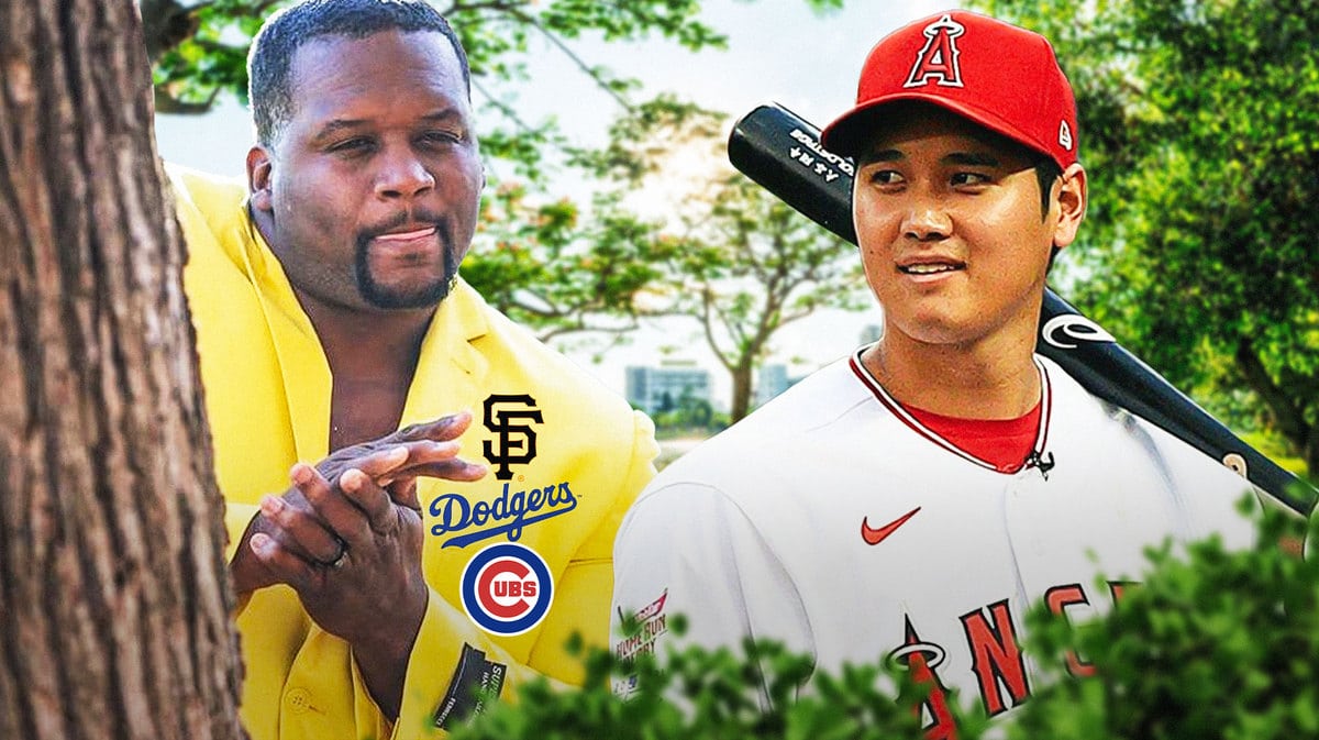 Logos of the SF Giants, Dodgers, and Cubs on the coat of this guy, Shohei Ohtani on the right side
