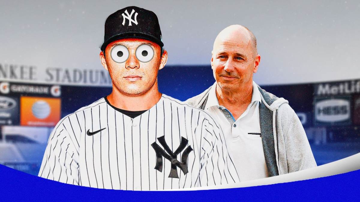 Yoshinobu Yamamoto with eyeball emojis, Brian Cashman, Yankee Stadium in the background
