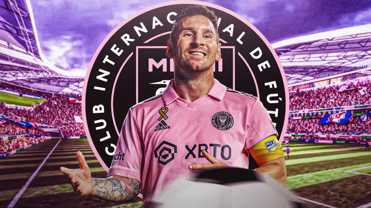Lionel Messi in front of the Inter Miami logo