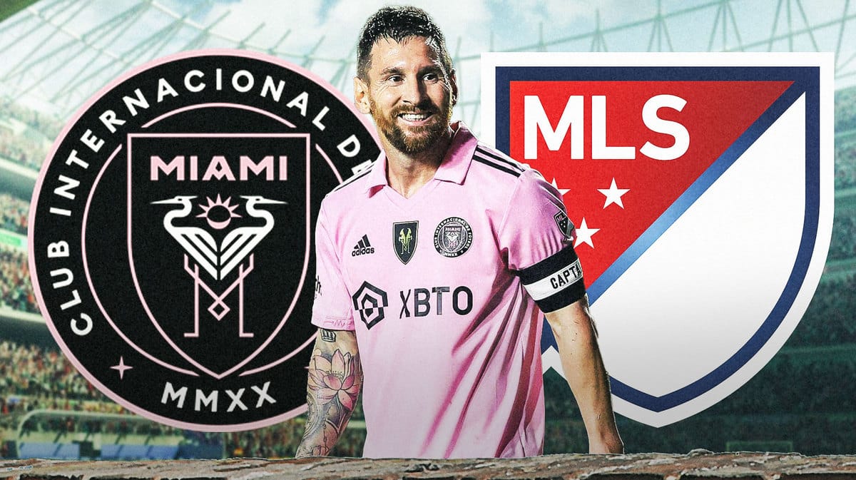 Lionel Messi in front of the Inter Miami and MLS logos