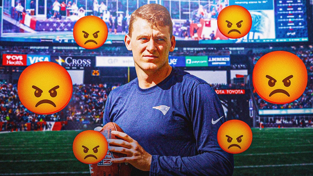 Patriots QB Mac Jones surrounded by the mad emoji