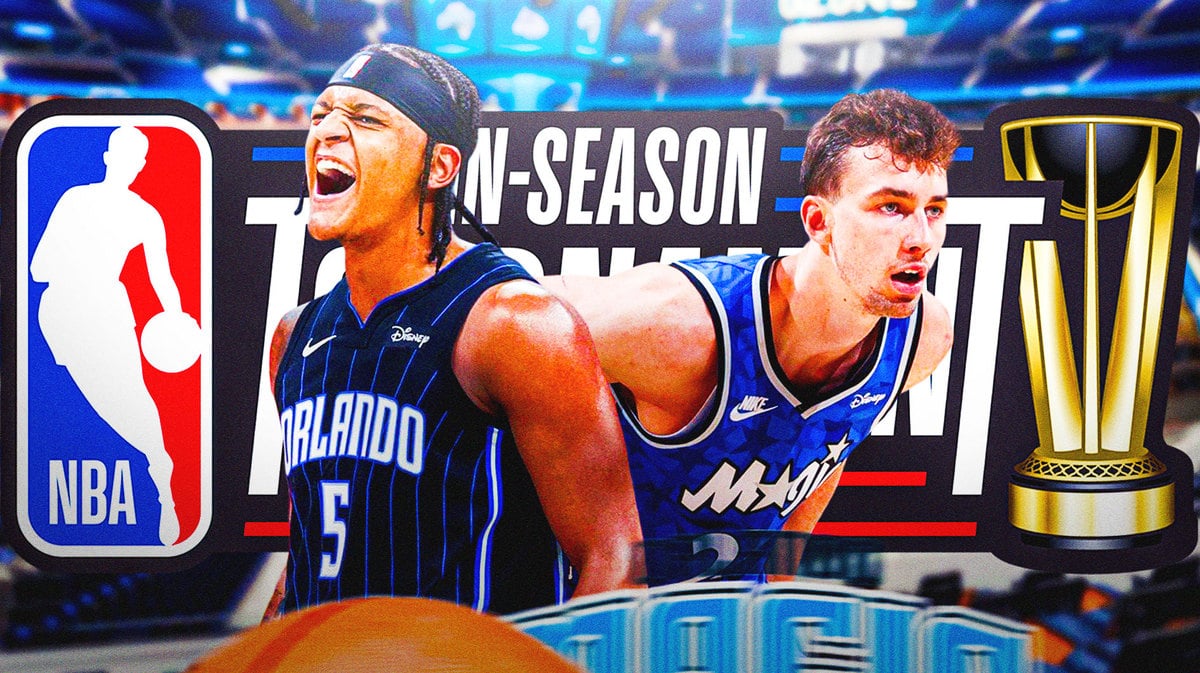 Paolo Banchero and Franz Wagner with the NBA In-season Tournament logo in the background