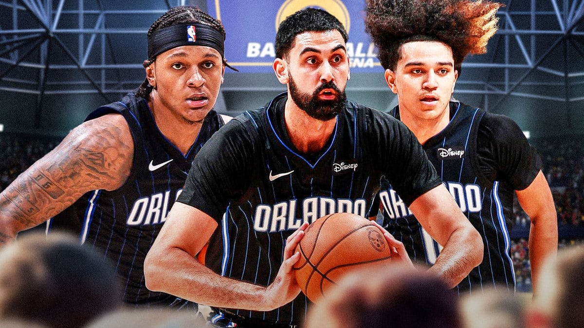 Paolo Banchero, Goga Bitadze with a basketball, and Anthony Black inside an arena