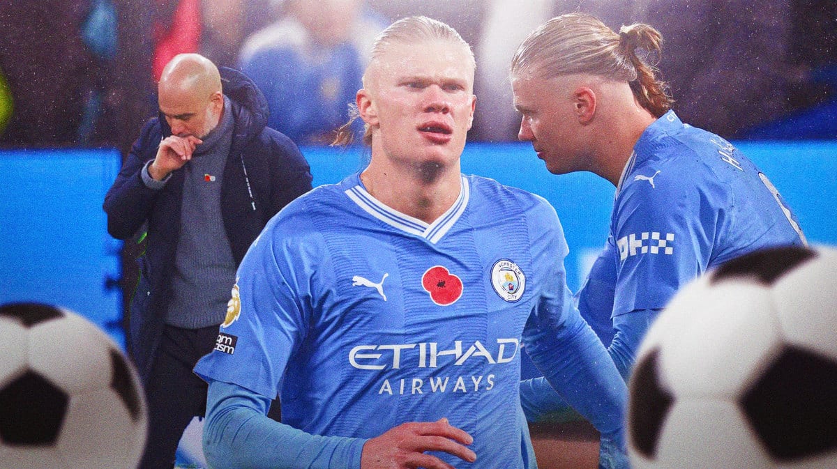 Erling Haaland in Man City jersey, another photo of him laying on ground in Norway jersey injured, Pep Guardiola in background