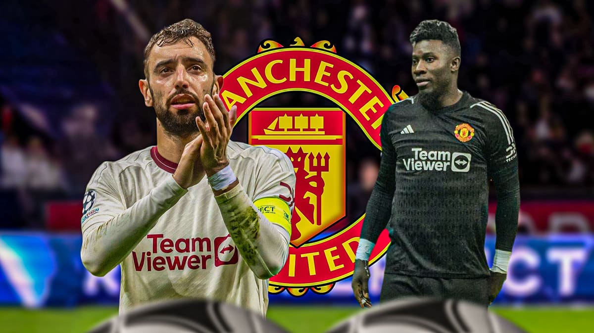 Bruno Fernandes and Andre Onana looking towards each other in front of the Manchester United logo