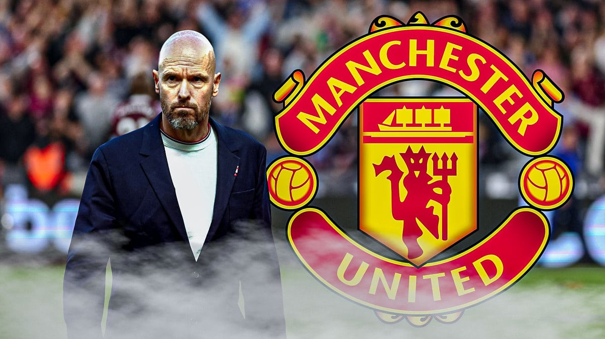Erik ten Hag in front of the Manchester United logo