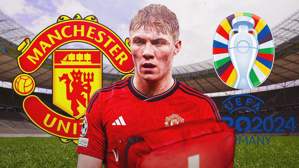 Rasmus Hojlund in front of the Manchester United and Euro 2024 logos