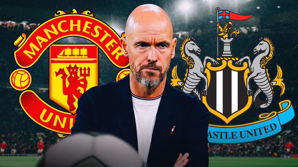 Erik ten Hag looking down/sad in front of the Manchester United and Newcastle logos