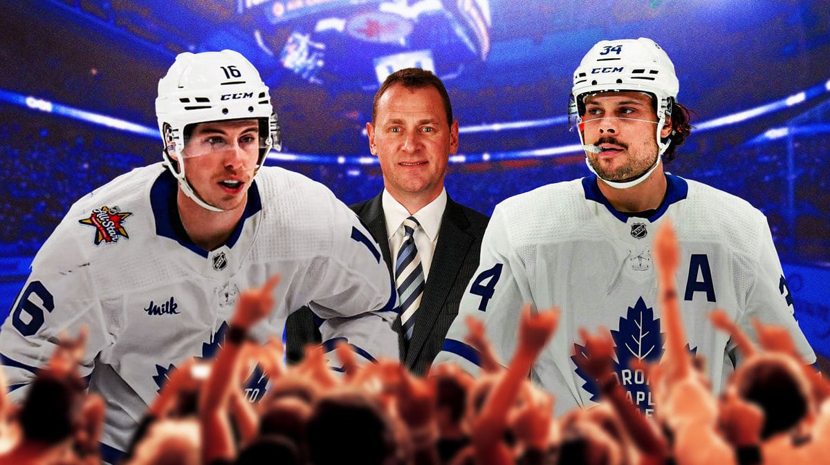 Toronto Maple Leafs general manager Brad Treliving with stars Auston Matthews and Mitch Marner in Toronto on November 28, 2023 amid inconsistent start