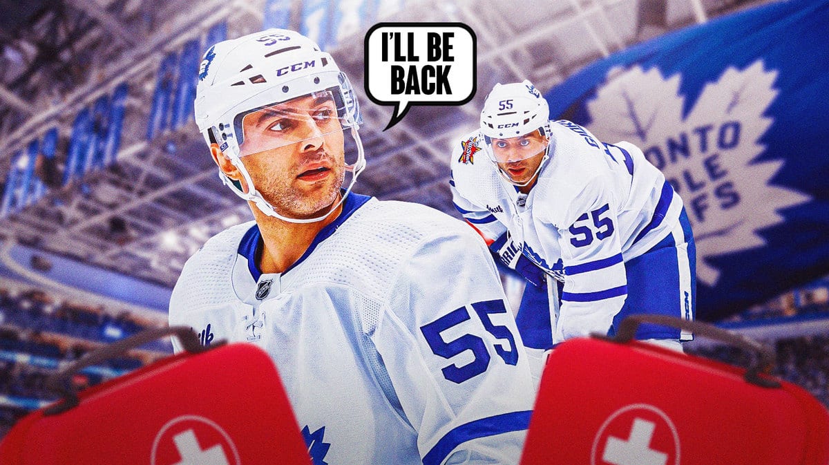 Mark Giordano with an injruy kit in front of him and a speech bubble that says “I’ll be back”