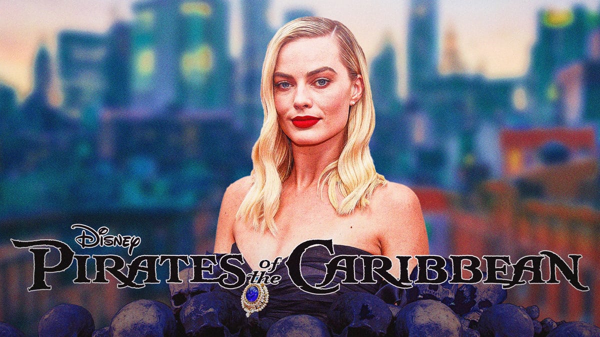 Margot Robbie and Pirates of the Caribbean logo.