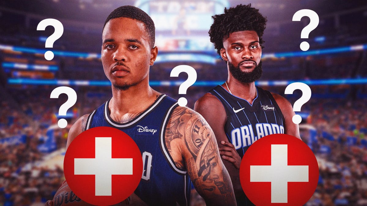 Magic’s Markelle Fultz and Jonathan Isaac looking serious, with medical red cross and question marks around them