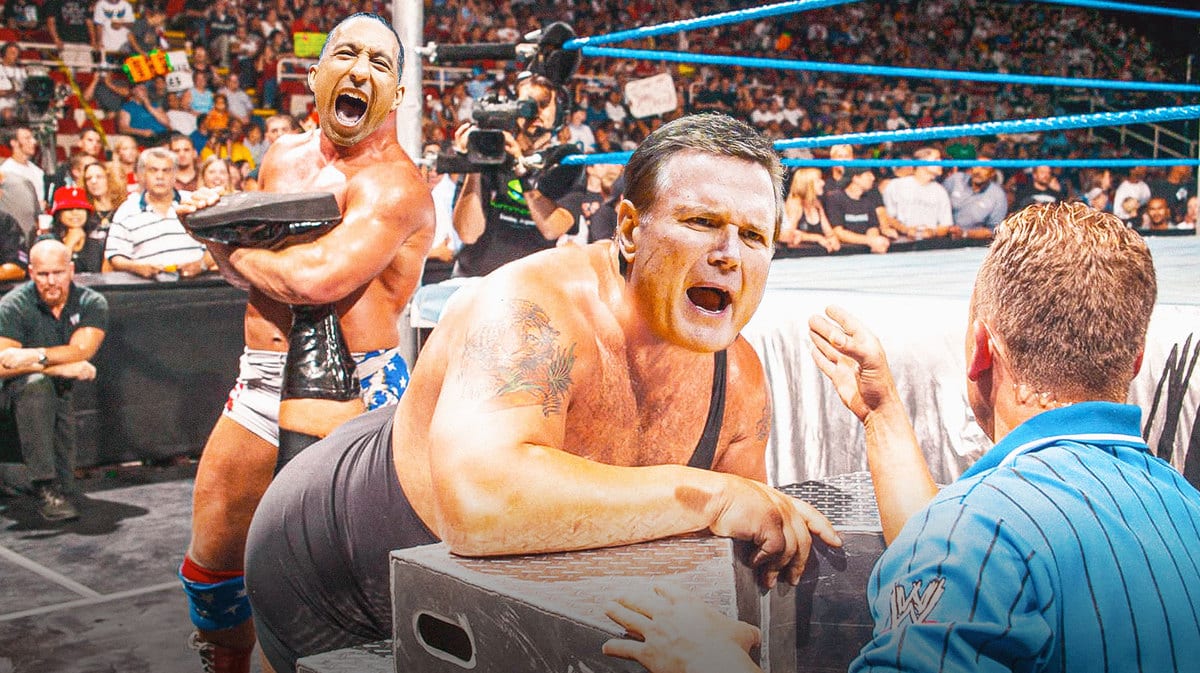 Shaka Smart of Marquette basketball as Kurt Angle and Bill Self of Kansas basketball as the Big Show (getting leg locked)