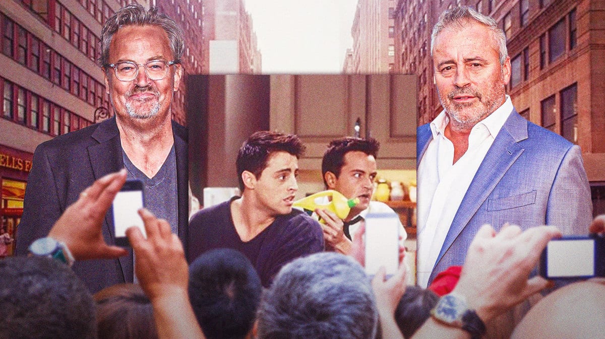 Matt LeBlanc and Matthew Perry in present day, as well as a classic image of them together from a scene on Friends