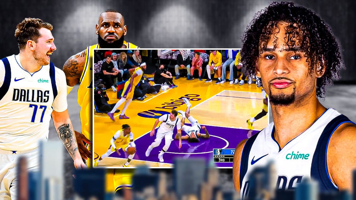 screenshot of Dereck Lively going up for the dunk with Mavs' Luka Doncic and Lakers' LeBron James looking concerned towards a sad Dereck Lively