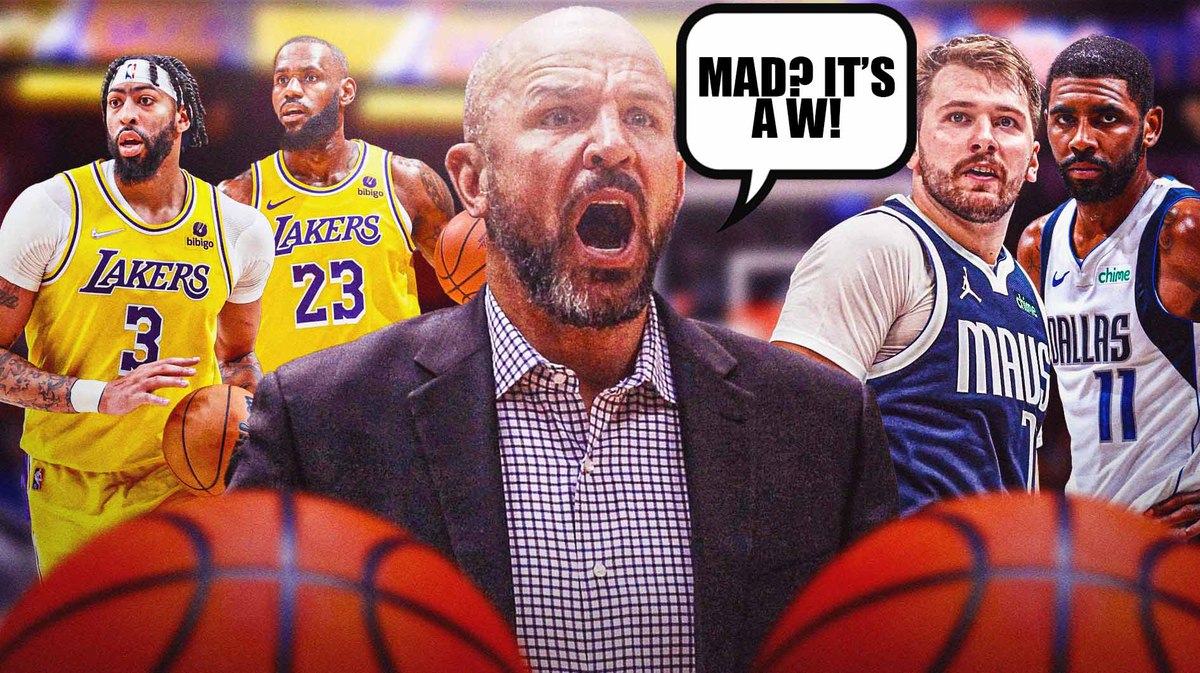 Jason Kidd yelling coaching Mavs saying “Mad? It’s a W!” Luka Doncic, Kyrie Irving in action beside him, LeBron James, Anthony Davis in action in background in Lakers jerseys