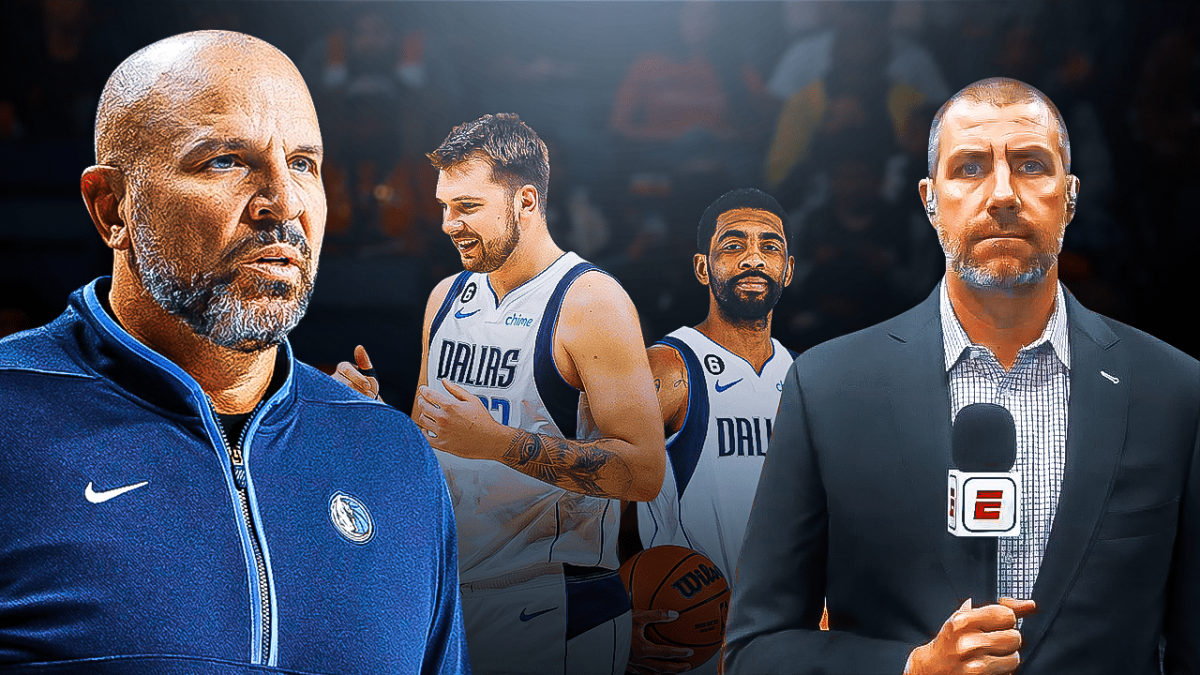Mavs' Jason Kidd on the left angry at McMahon, with Kyrie Irving and Luka Doncic laughing beside Kidd, with ESPN’s Tim McMahon on the right