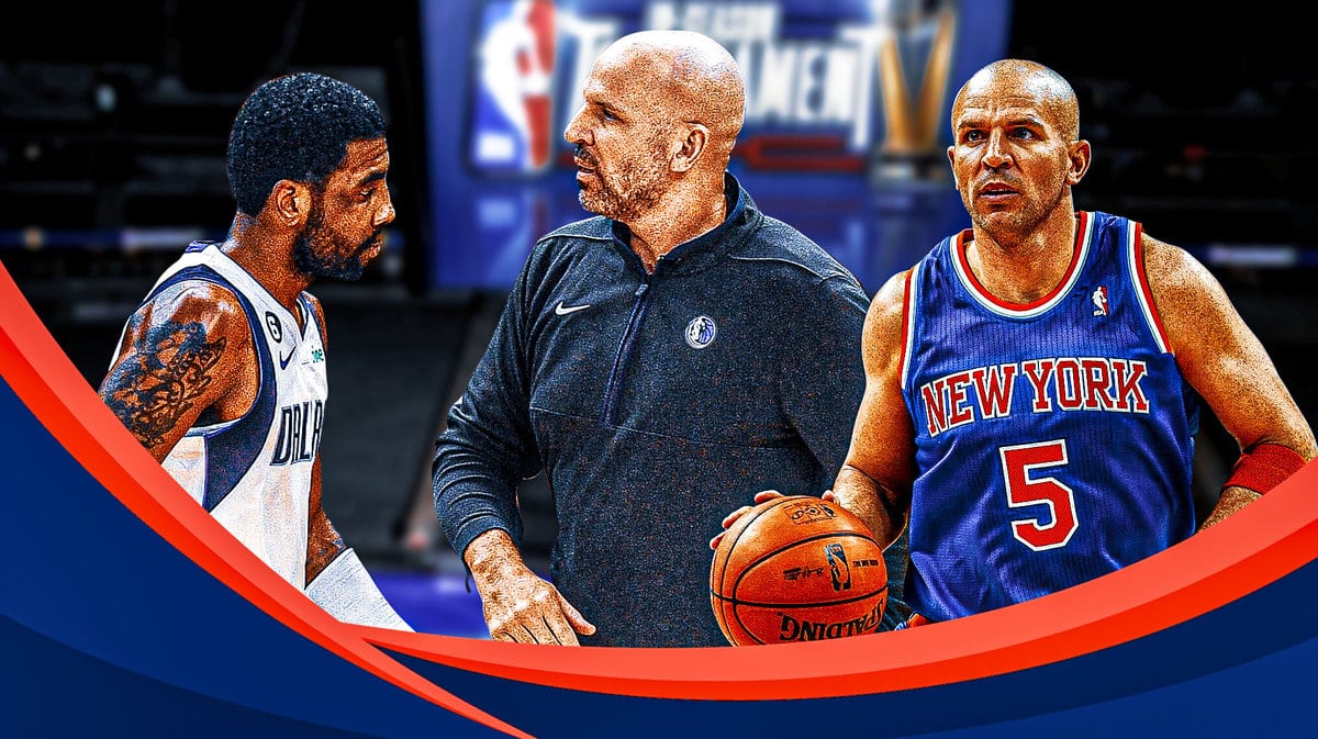 Mavs head coach Jason Kidd talking to Kyrie Irving with a picture of Jason Kidd in a Knicks uni (2012-13 season)