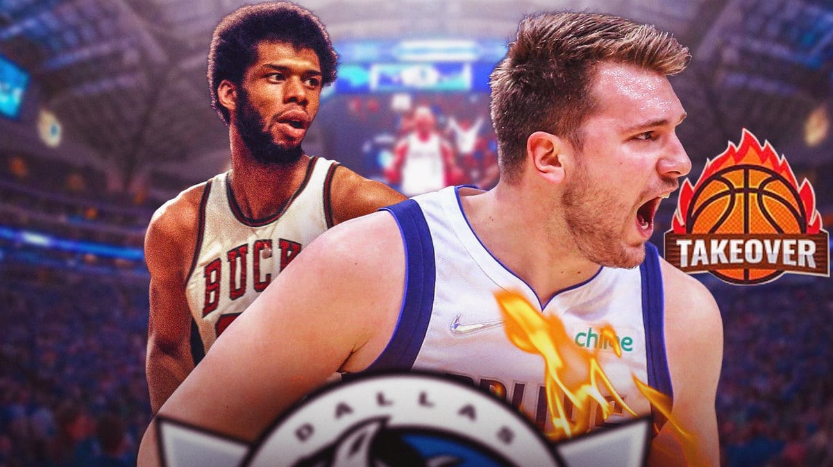 Mavs' Luka Doncic hyped up, on fire, with the 2K24 shot creator takeover logo beside him, with Bucks' Kareem Abdul-Jabbar beside Doncic