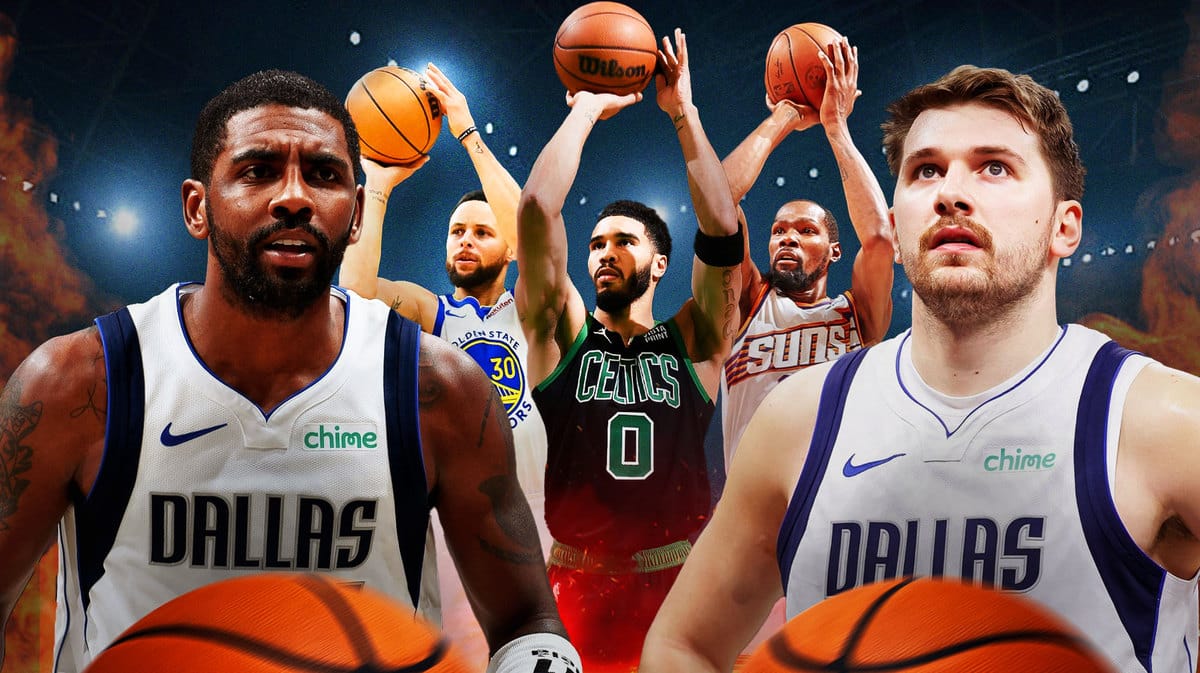 Mavs' Luka Doncic, Mavs' Kyrie Irving. Suns' Kevin Durant, Celtics' Jayson Tatum, and Warriors' Steph Curry all shooting basketballs in background.