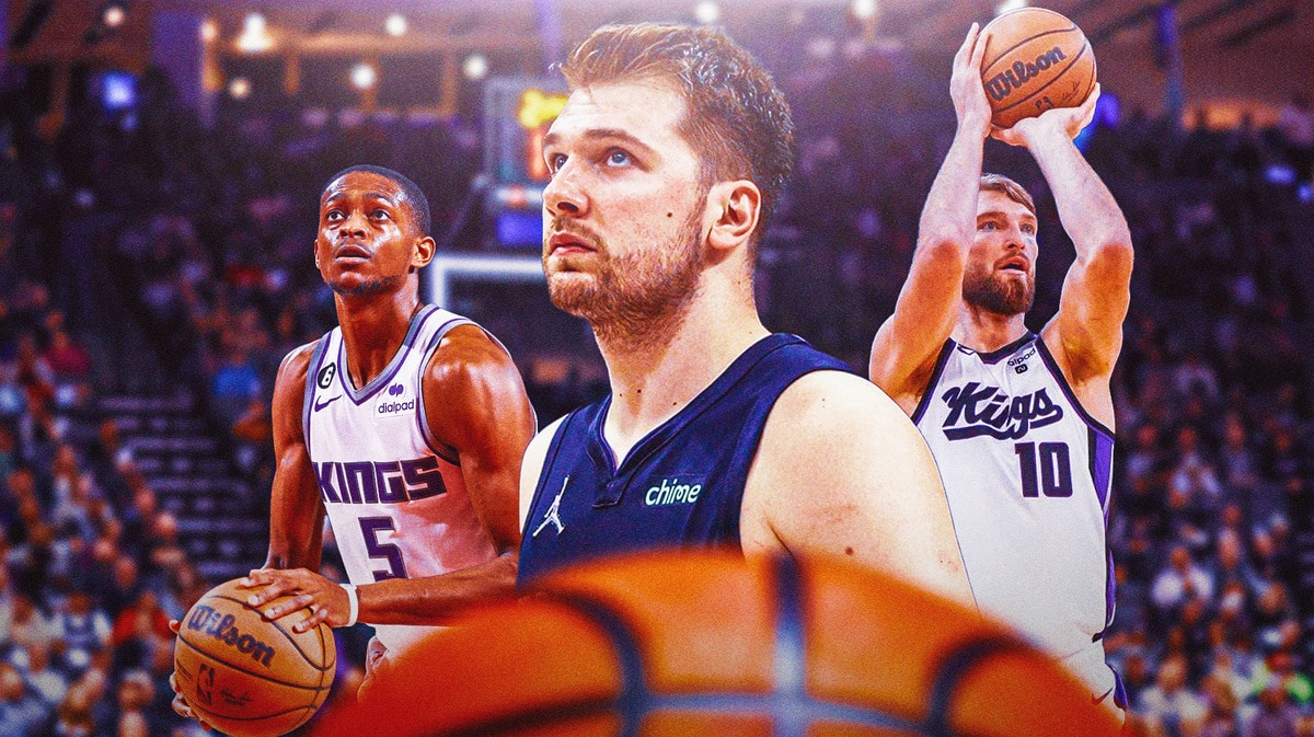 Mavs' Luka Doncic looking sad in front. Kings' De’Aaron Fox, Kings' Domantas Sabonis, both shooting basketballs in background