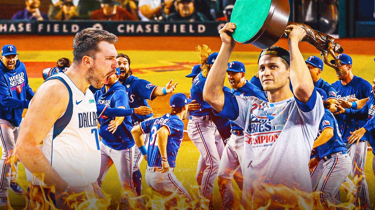 Mavs' Luka Doncic hyped up, with Rangers’ Corey Seager holding the 2023 World Series MVP on the right and the Rangers team hyped up in the middle