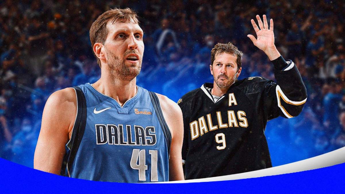 Dallas Mavericks legend Dirk Nowitzki congratulating Dallas Stars legend Mike Modano on receiving a statue in his honor