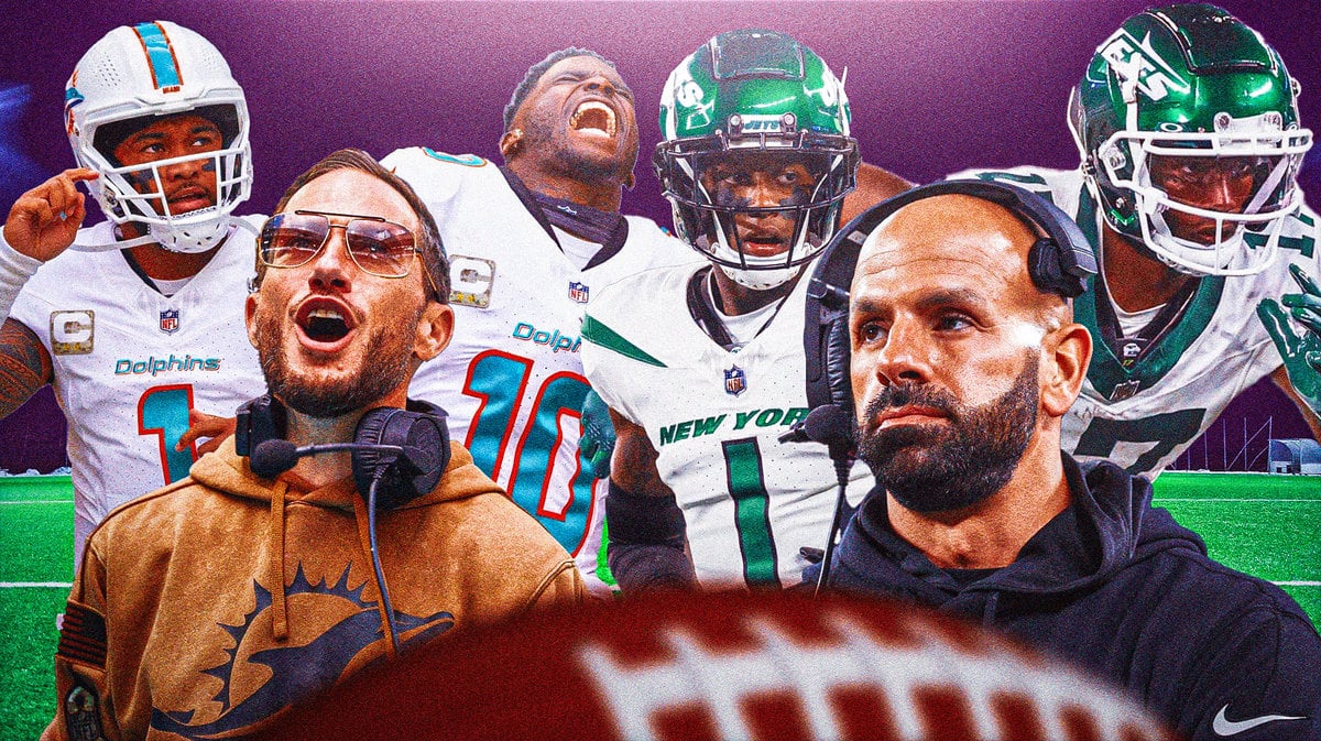 Dolphins IMAGE: Mike McDaniel, Tyreek Hill, Tua Tagovailoa and Jets Robert Saleh, Sauce Gardner, Garrett Wilson