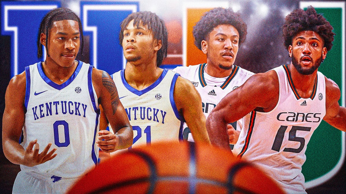 Rob Dillingham, D.J. Wagner, Kentucky logo vs. Nijel Pack, Norchad Omier, Miami logo.