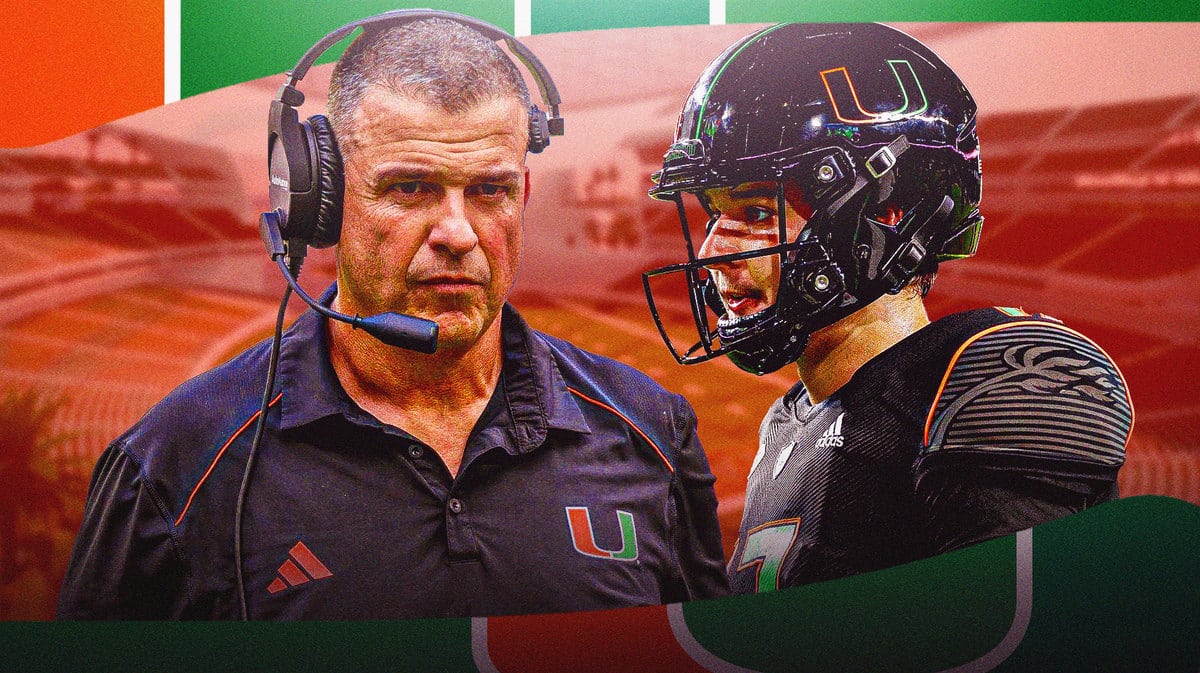 Miami football head coach Mario Cristobal and QB Emory Williams