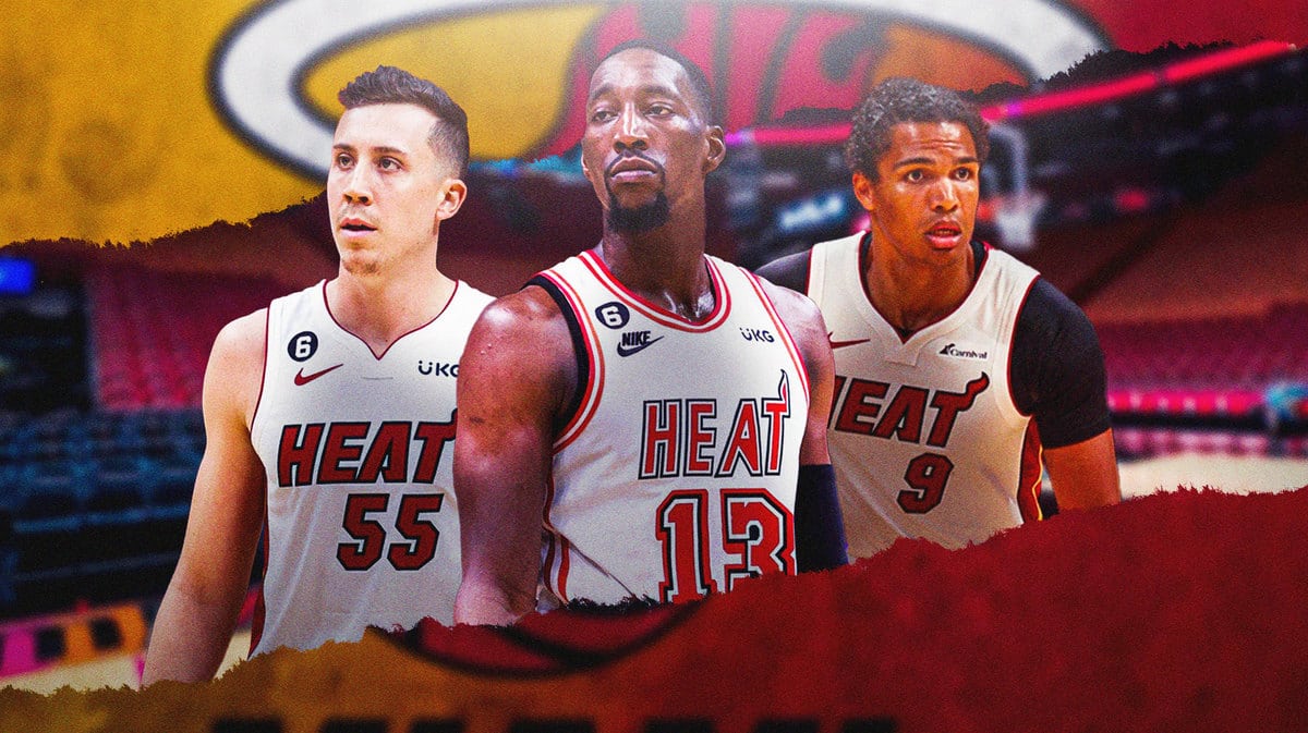 Miami Heat stars Bam Adebayo, Duncan Robinson, and Dru Smith in front of the Kaseya Center.